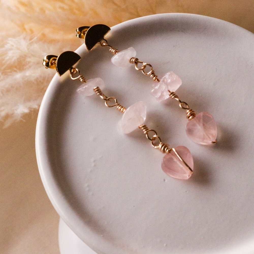 Rose Quartz Drop Dangle Earrings - Gold Accent
